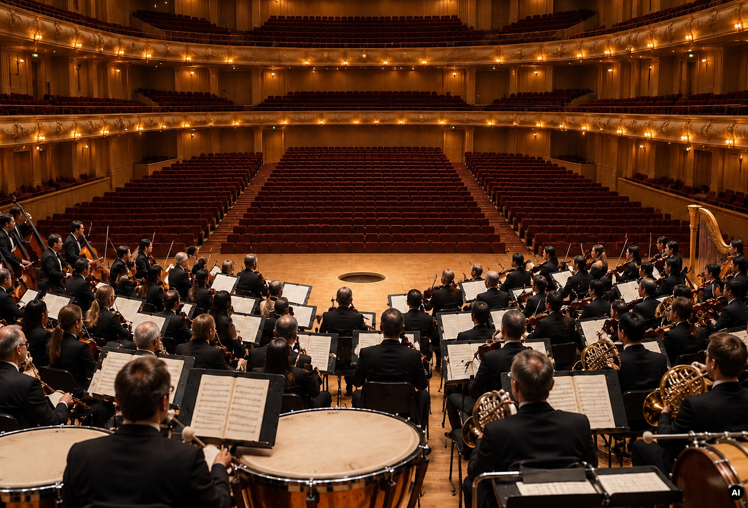 A full orchestra, behind them rows of empty red velvet audience seats, not one person in the audience. Every musician looking toward a space where normally the conductor stands. But there is just a dark hole cut into the floorboards, no conductor to be seen.