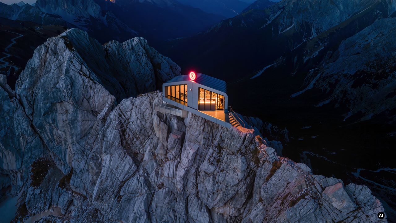 A warmly lit glass-walled bar perched on a sheer mountain peak at dusk, reachable only by a narrow stairway cut into the rock, with steep valleys falling away all around.