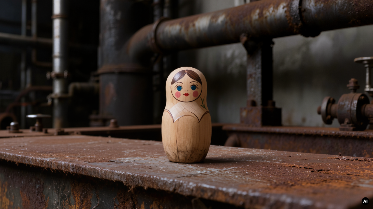 A single wooden nesting doll standing alone on a rusted steel beam in an old industrial plant.