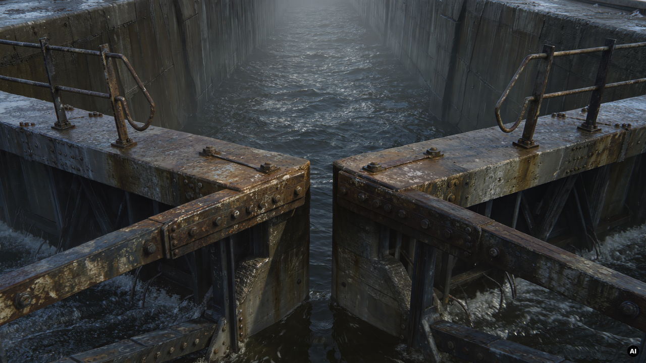 The closed wooden gates of a canal lock holding back dark water, seen from above between mossy stone walls.
