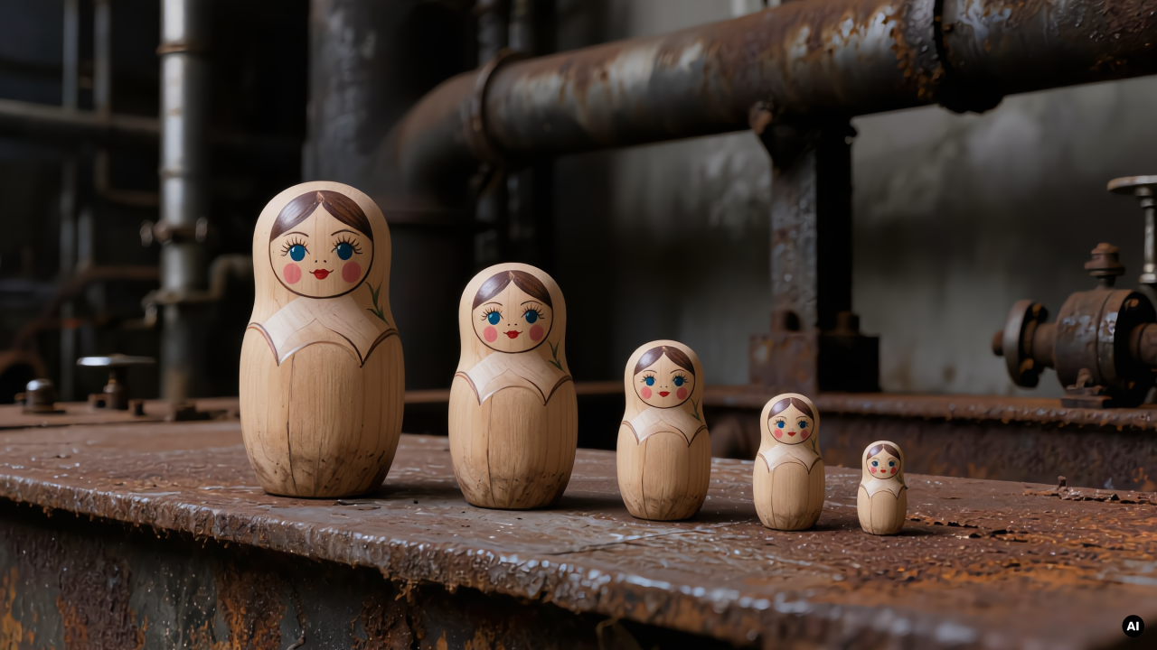 Five wooden nesting dolls lined up from largest to smallest on a rusted beam, an industrial plant behind them.