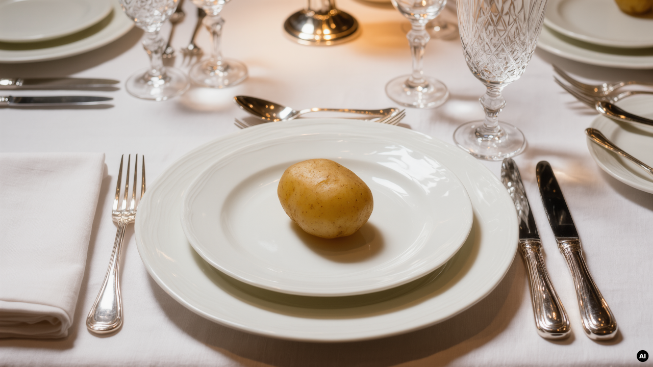 A single plain boiled potato on a white china plate at a formal fine-dining place setting, with polished silver cutlery, crystal glasses and white linen.