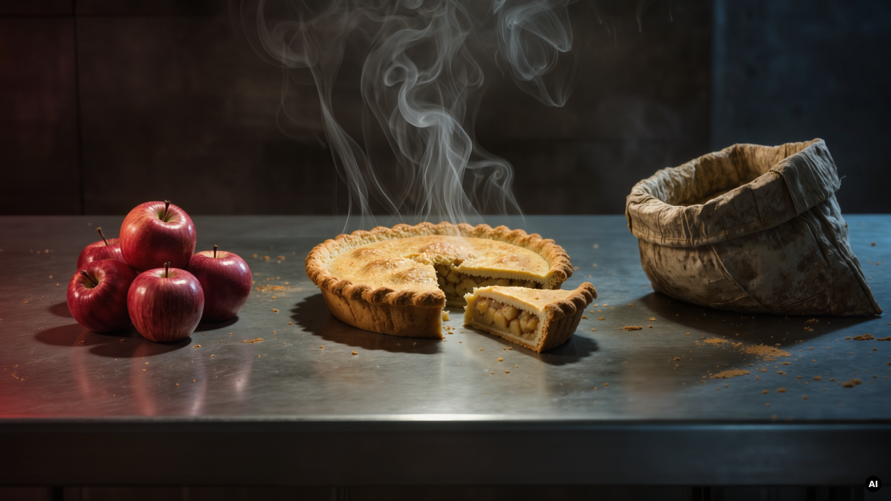 On a steel table, a freshly baked apple pie sits steaming in the centre, with a stack of glossy red apples to its left and a worn, dirty flour sack to its right.