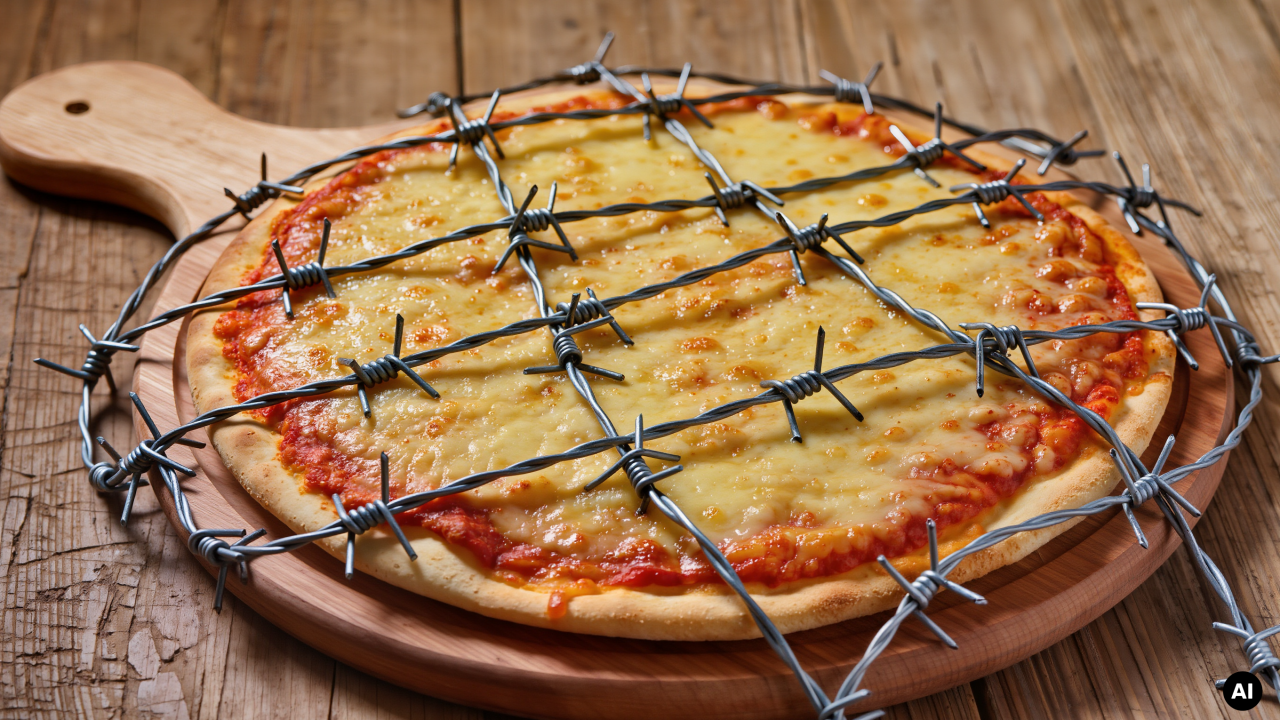 A plain cheese pizza on a round wooden board, criss-crossed and encircled by a grid of barbed wire.