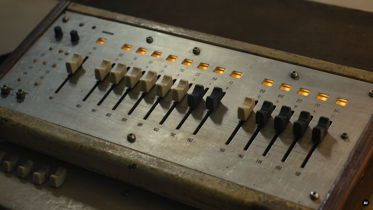 A worn vintage mixing console with rows of sliding faders pushed to different levels.