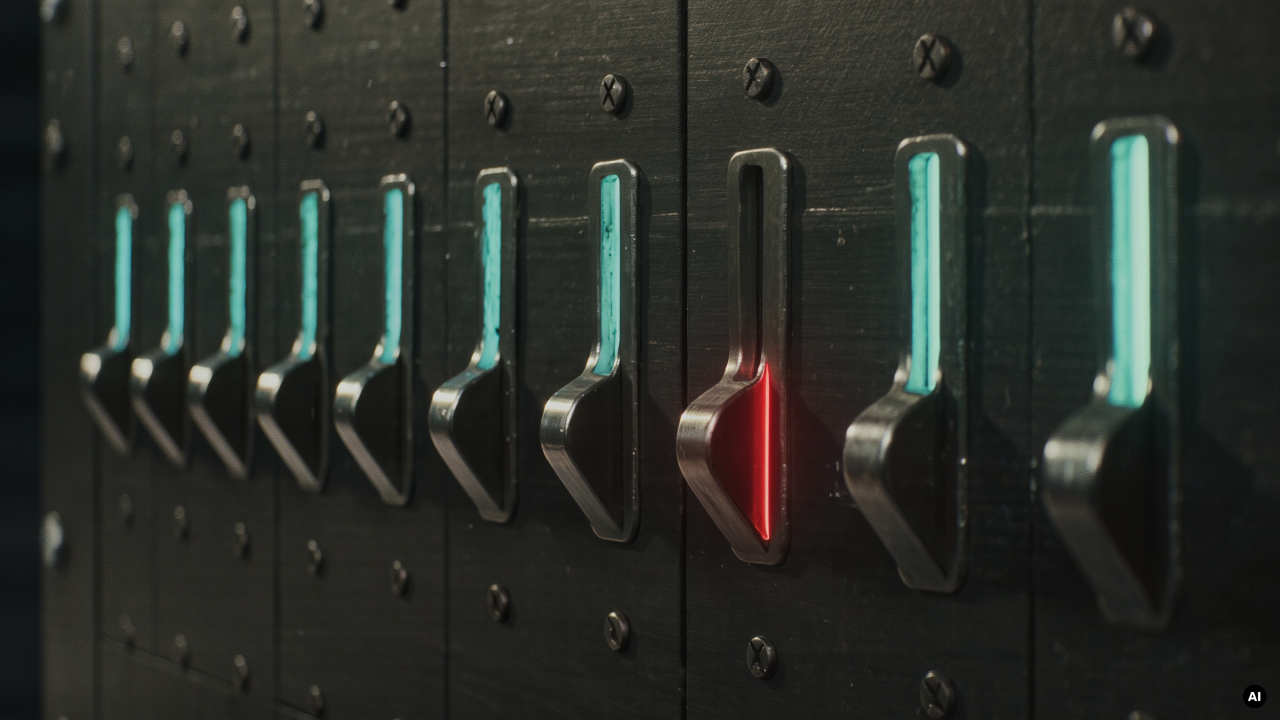 A row of heavy industrial switches glowing teal, with one lever flipped to the opposite position and lit red.